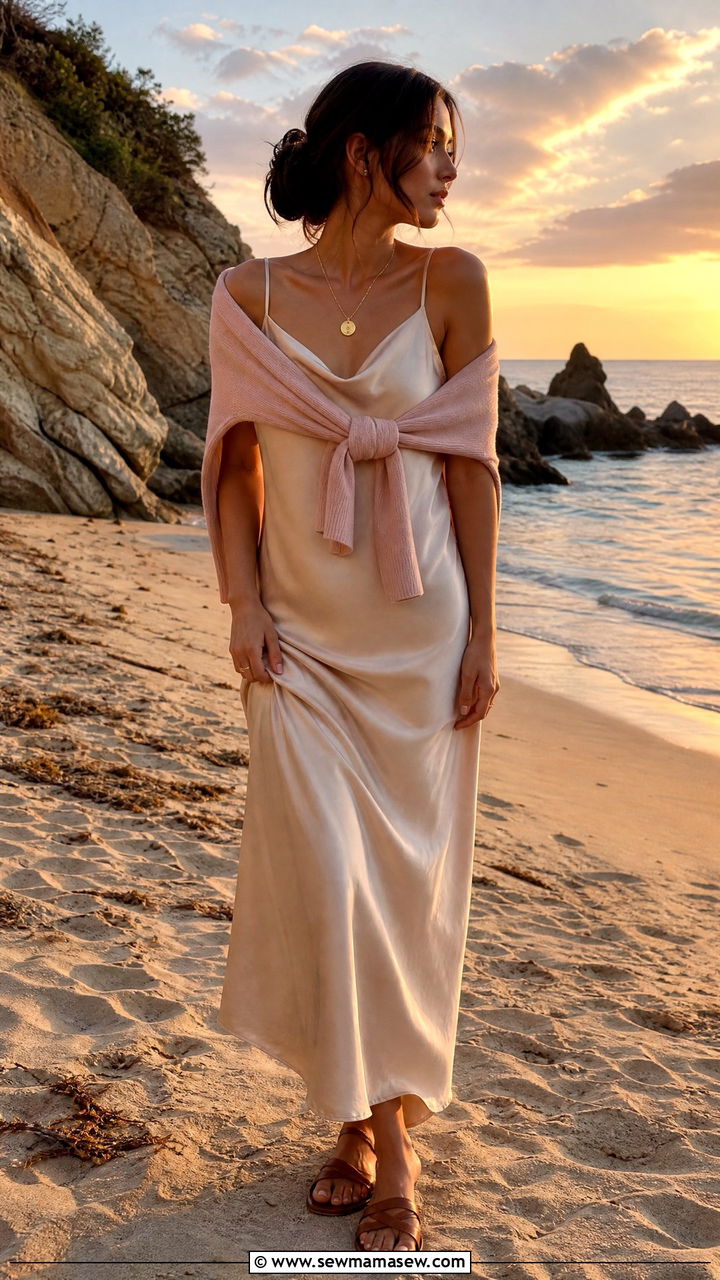 Slip dress with lightweight knit draped over shoulders - 30 Summer outfits with slip dresses