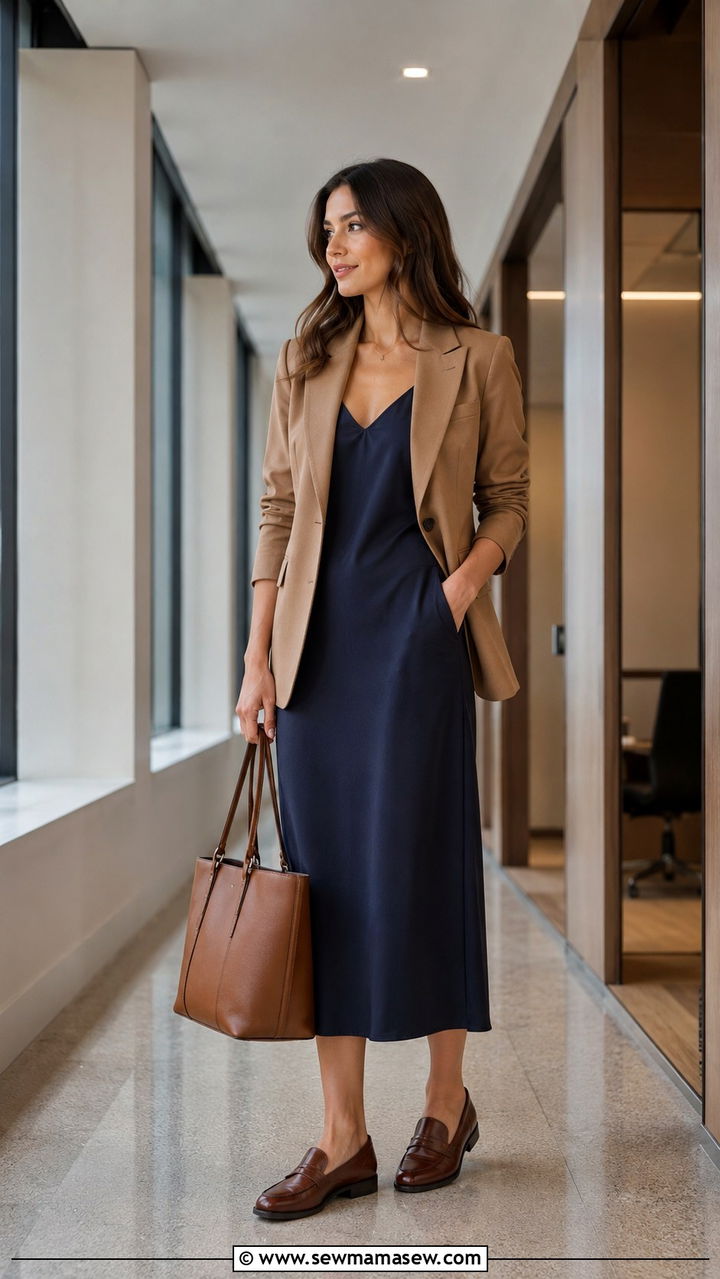 Slip dress with loafers and a blazer - 30 how to style slip dress