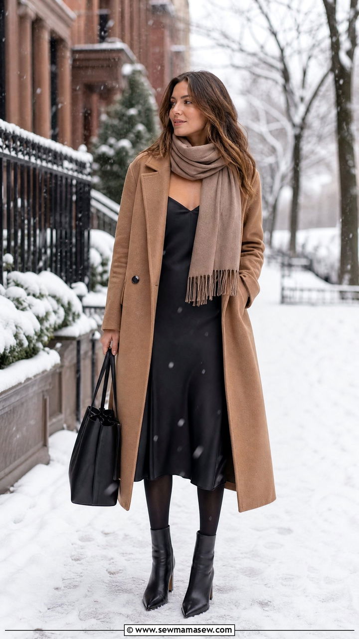 Slip dress with long wool coat winter look - 35 How to style a slip dress