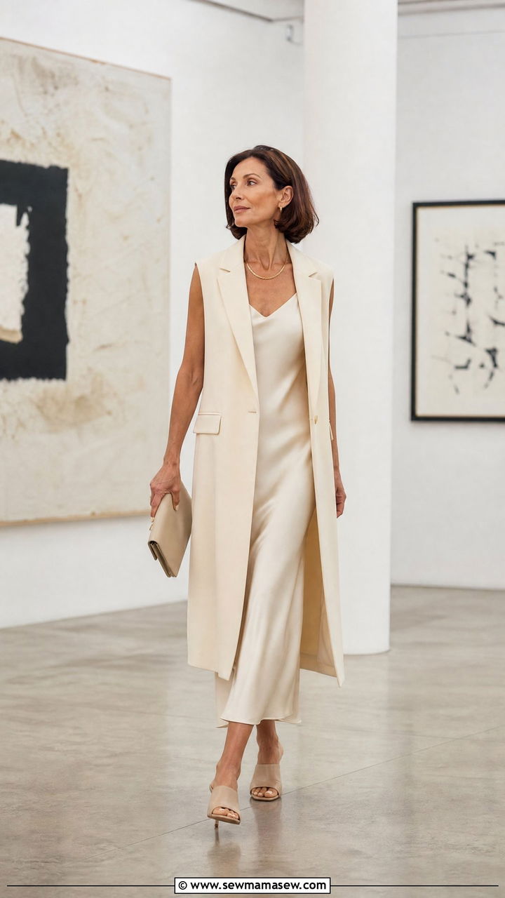 Slip dress with longline vest and heeled mules - 25 How to style a slip dress over 40