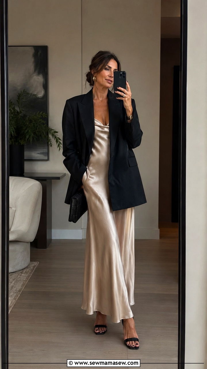 Slip dress with oversized blazer outfit - 25 Quiet luxury outfit ideas for women over 40