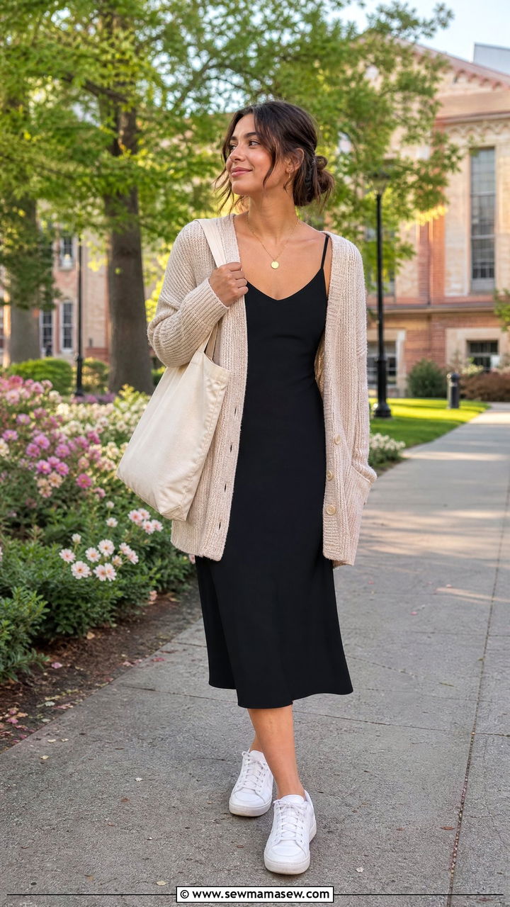 Slip dress with oversized cardigan - 30 College study session outfit ideas