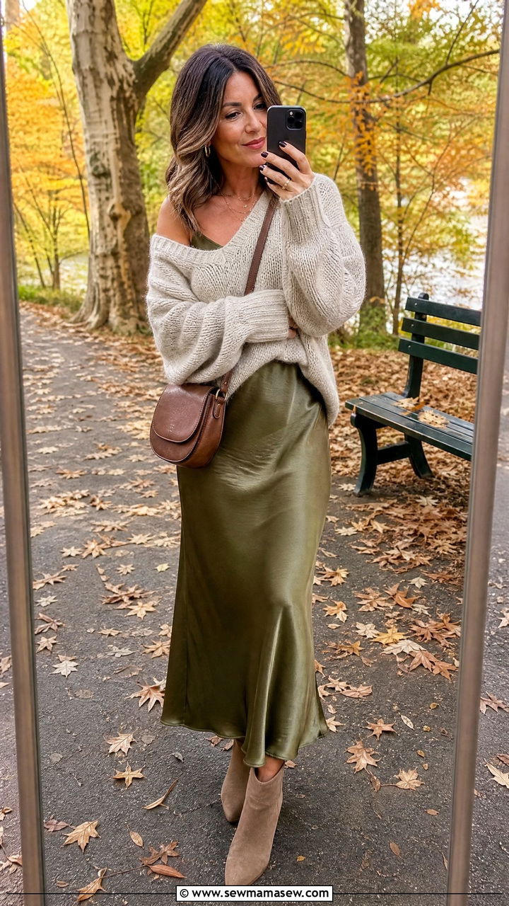 Slip dress with oversized knit and ankle boots - 25 How to style a slip dress over 40