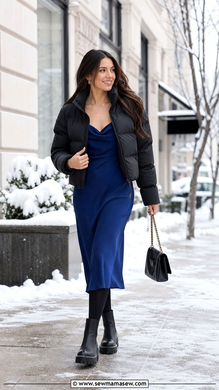 Slip dress with puffer jacket - 25 Slip dress outfit ideas with a jacket