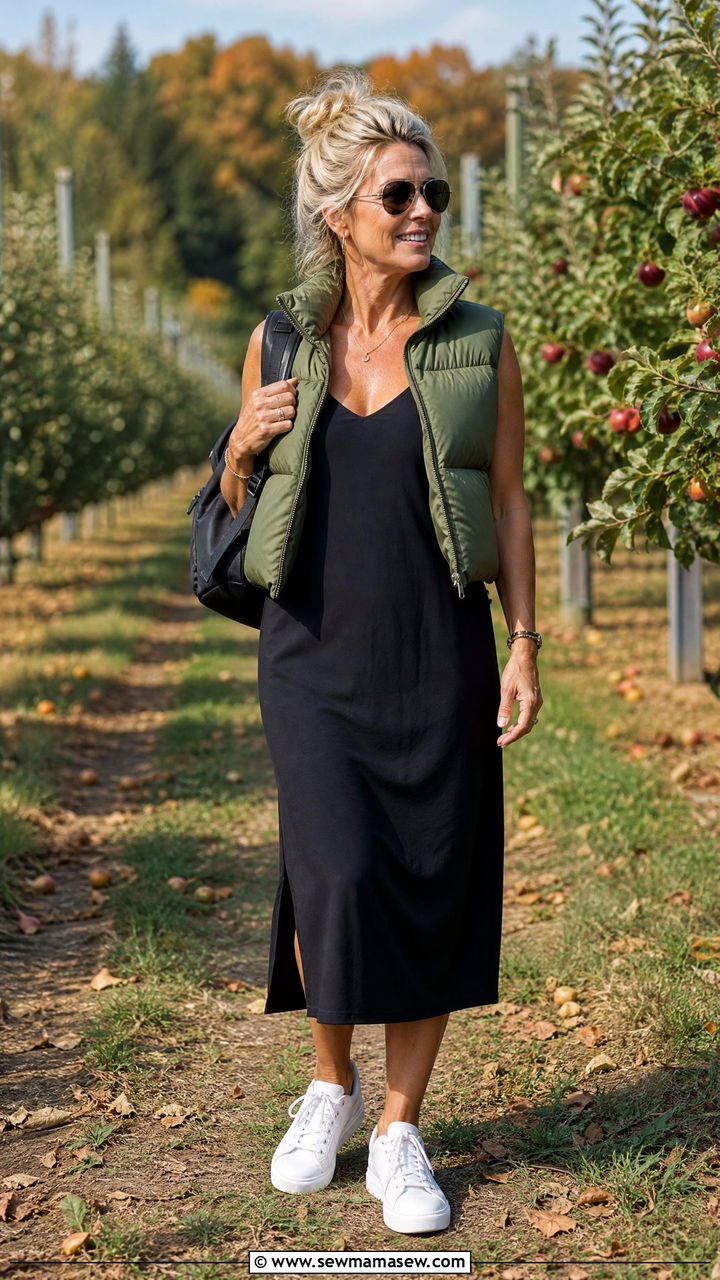 Slip dress with puffer vest and sneakers - 25 How to style a slip dress over 40