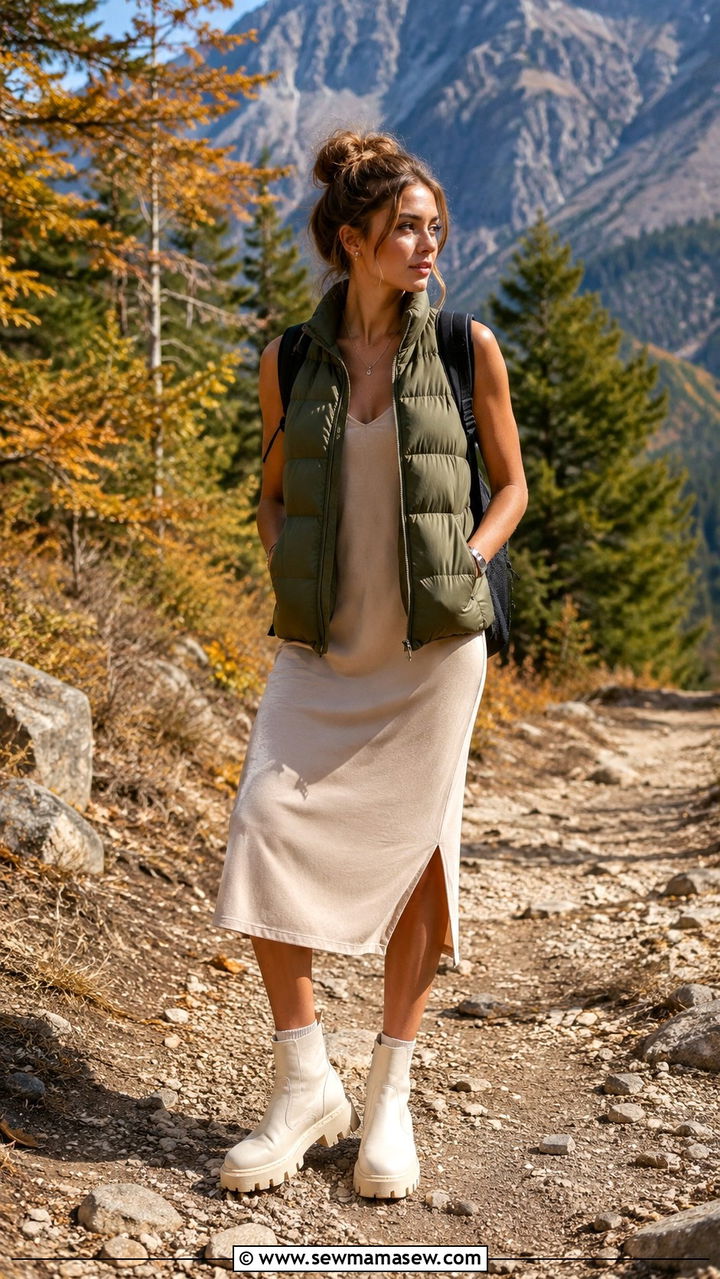 Slip dress with puffer vest - 30 how to style slip dress