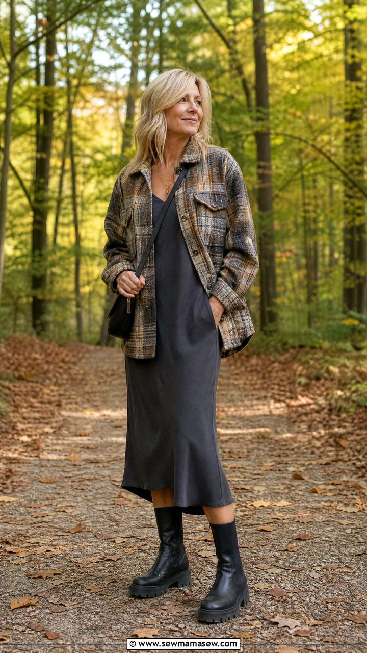 Slip dress with shacket and lug sole boots - 25 How to style a slip dress over 40