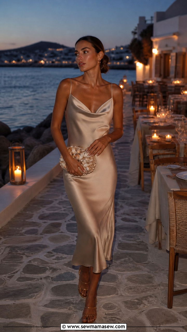Slip dress with shell handbag for Mykonos dinner - 40 What to wear in Mykonos