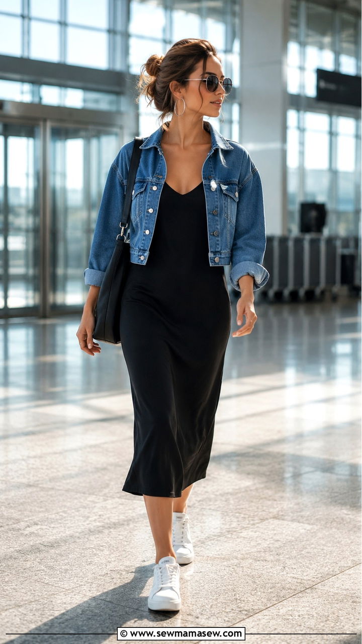 Slip dress with sneakers and denim jacket - 30 casual airport outfits