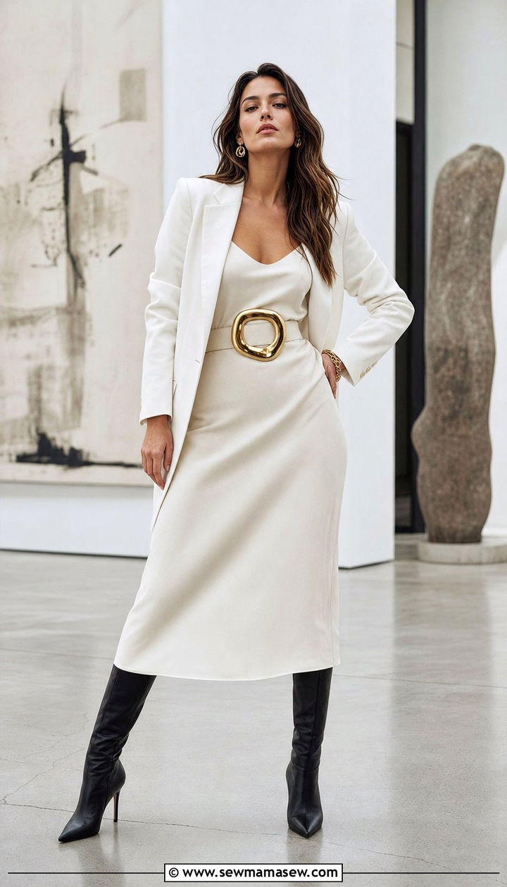 Slip dress with statement buckle belt and knee high boots - 25 Slip dress outfit ideas with a belt