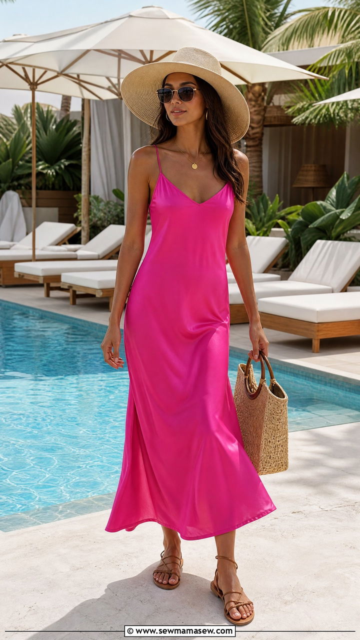 Slip dress with strappy flat sandals and a wide brim hat - 30 summer slip dress outfit ideas