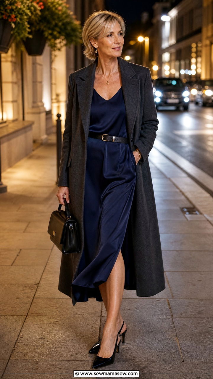 Slip dress with tailored coat and slingback heels - 25 How to style a slip dress over 40