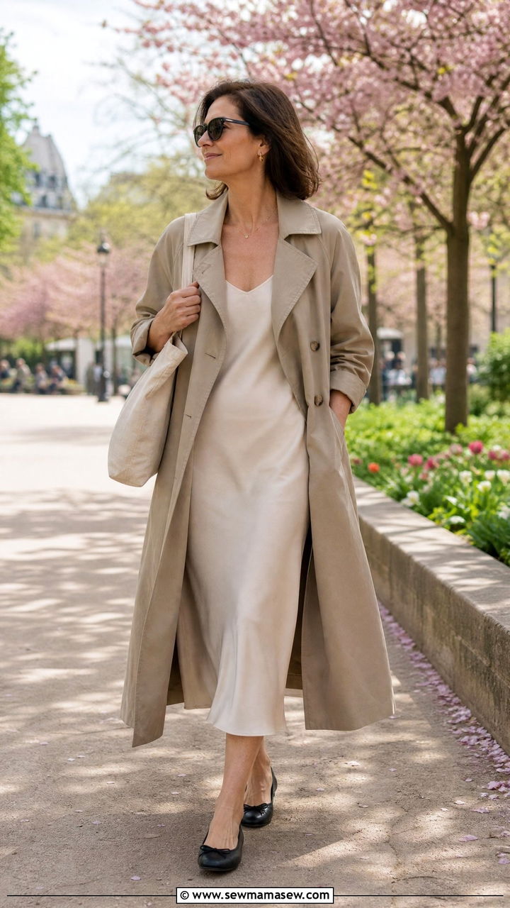 Slip dress with trench coat and ballet flats - 25 How to style a slip dress over 40