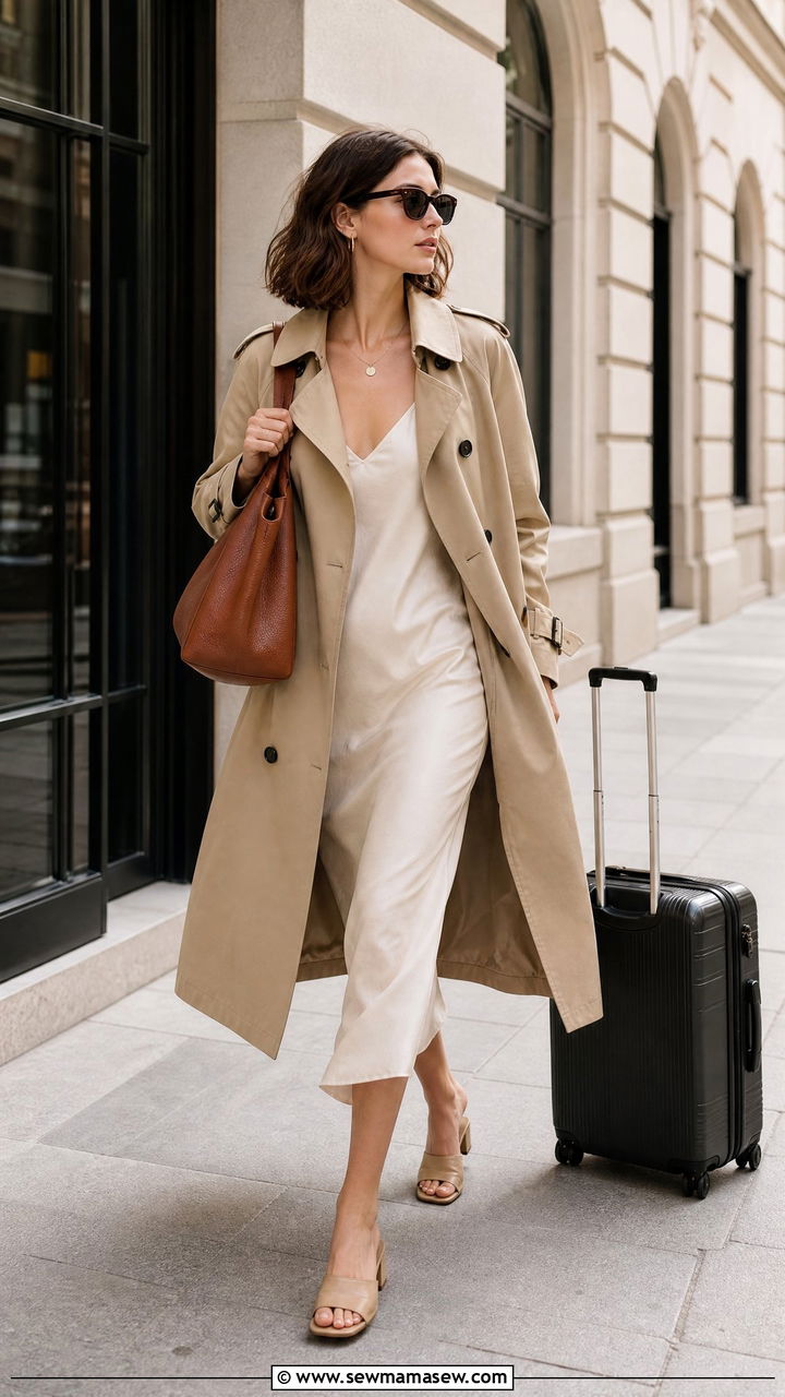 Slip dress with trench coat and low heel mules - 25 How to style a slip dress for travel