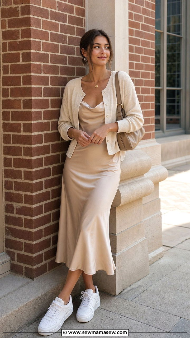 Slip dress with white sneakers - 25 Clean girl outfits for college