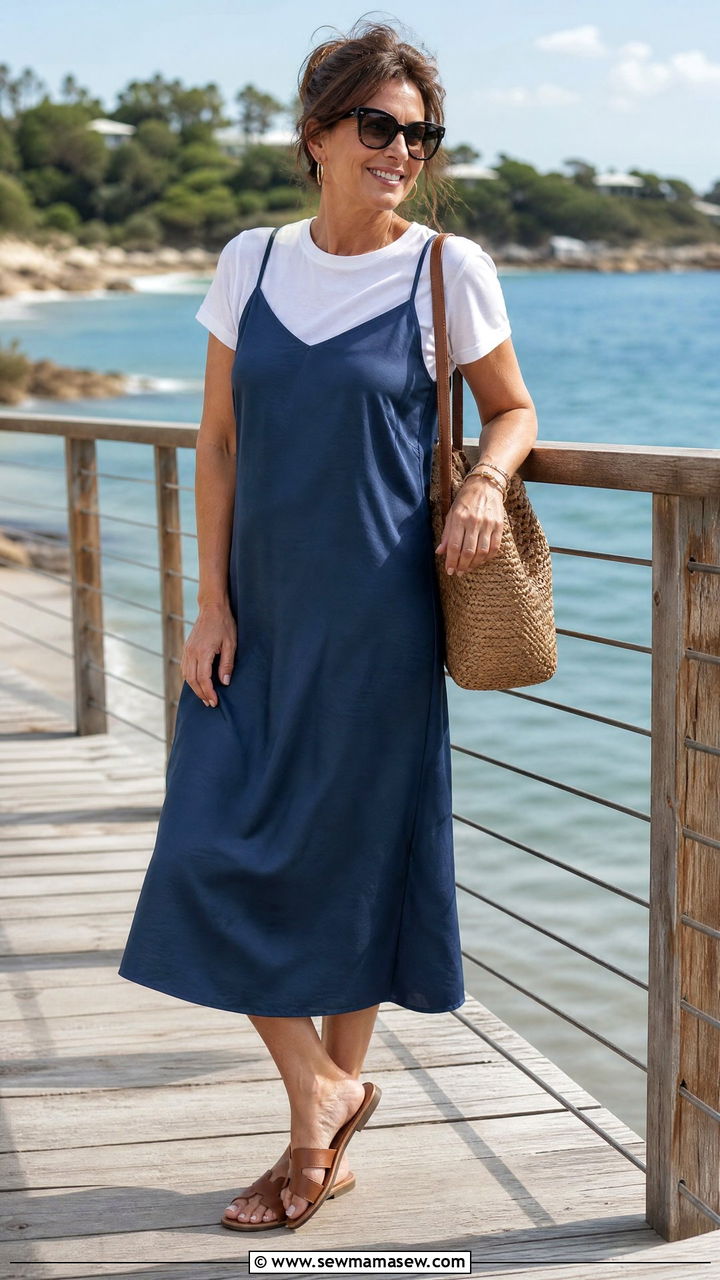 Slip dress with white tee and flat sandals - 25 How to style a slip dress over 40