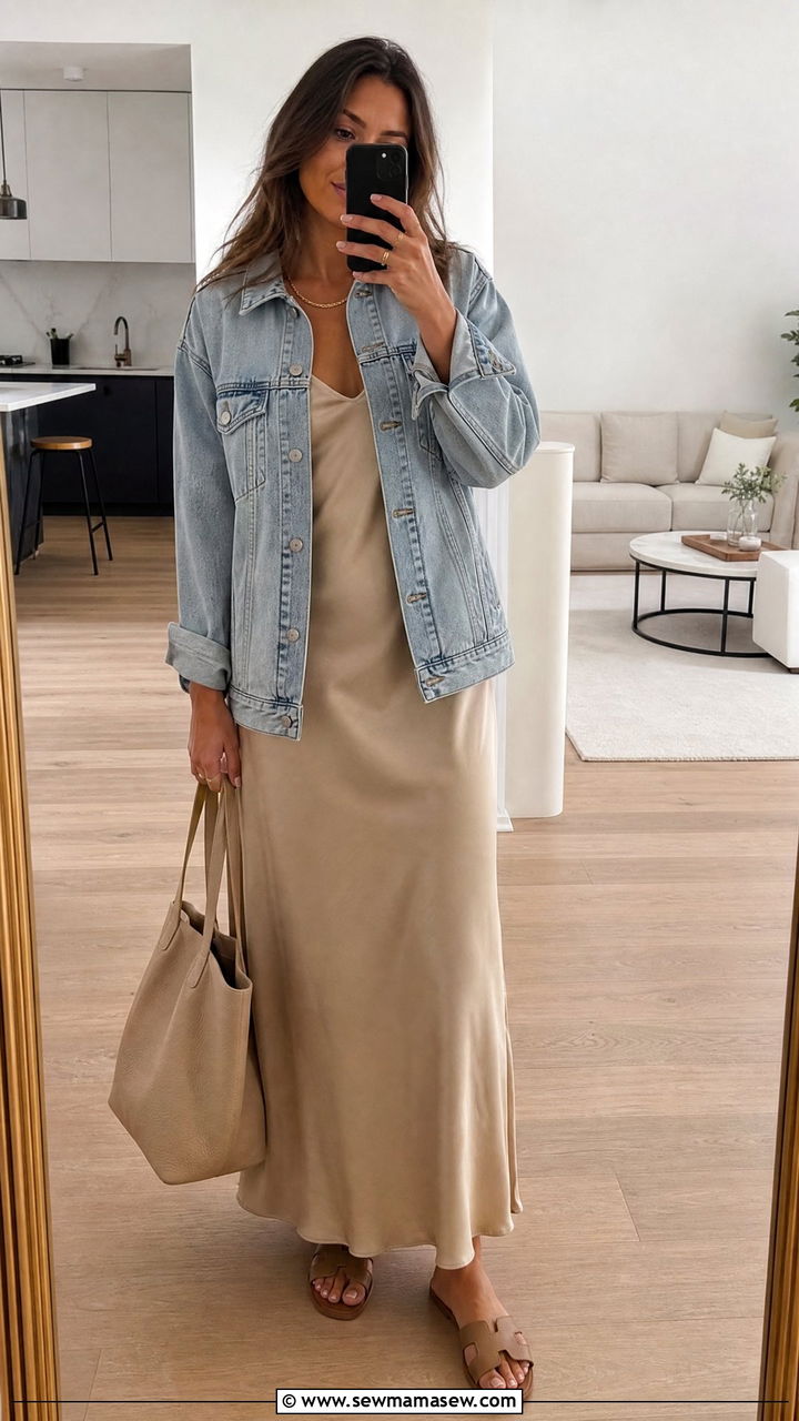 Slip maxi dress with denim jacket outfit - 30 Maxi dress outfit ideas with a denim jacket