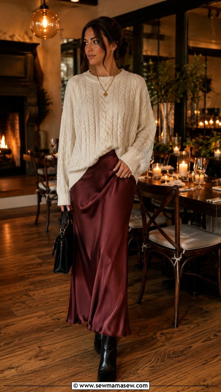 Slip maxi skirt with chunky knit and ankle boots - 30 How to style a maxi skirt