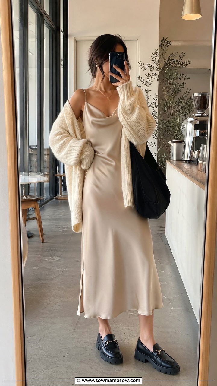 Slip midi dress with cardigan and loafers outfit - 35 dress outfits ideas