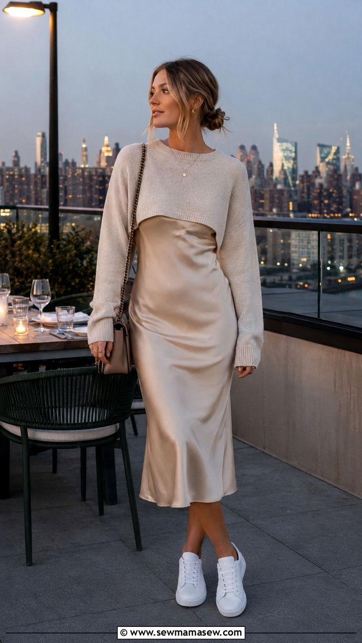 Slip midi dress with white sneakers - 30 Midi dress with white sneakers outfit ideas