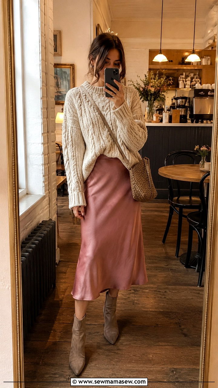 Slip midi skirt and chunky knit sweater with ankle boots - 30 How to style a midi skirt in spring