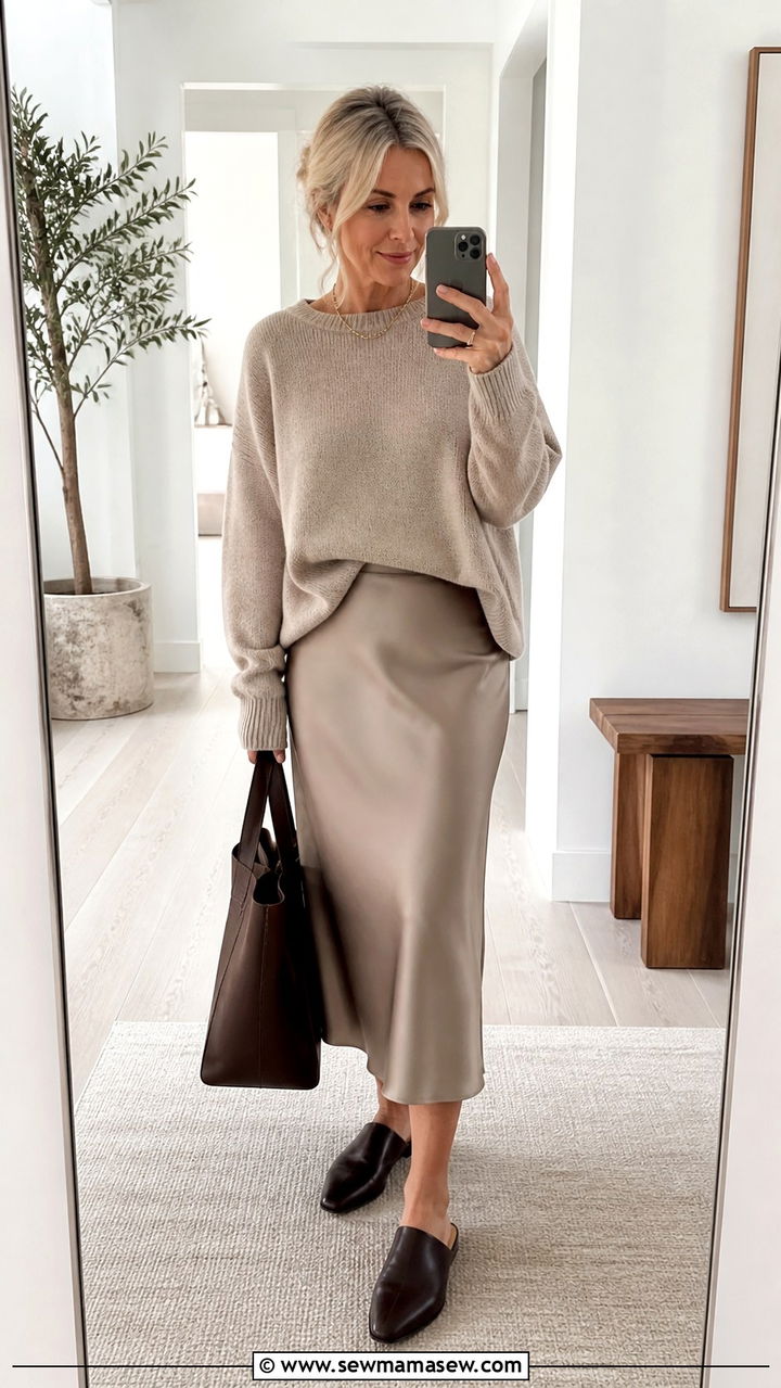 Slip midi skirt with relaxed knit and backless mules - 20 How to style a midi skirt over 50
