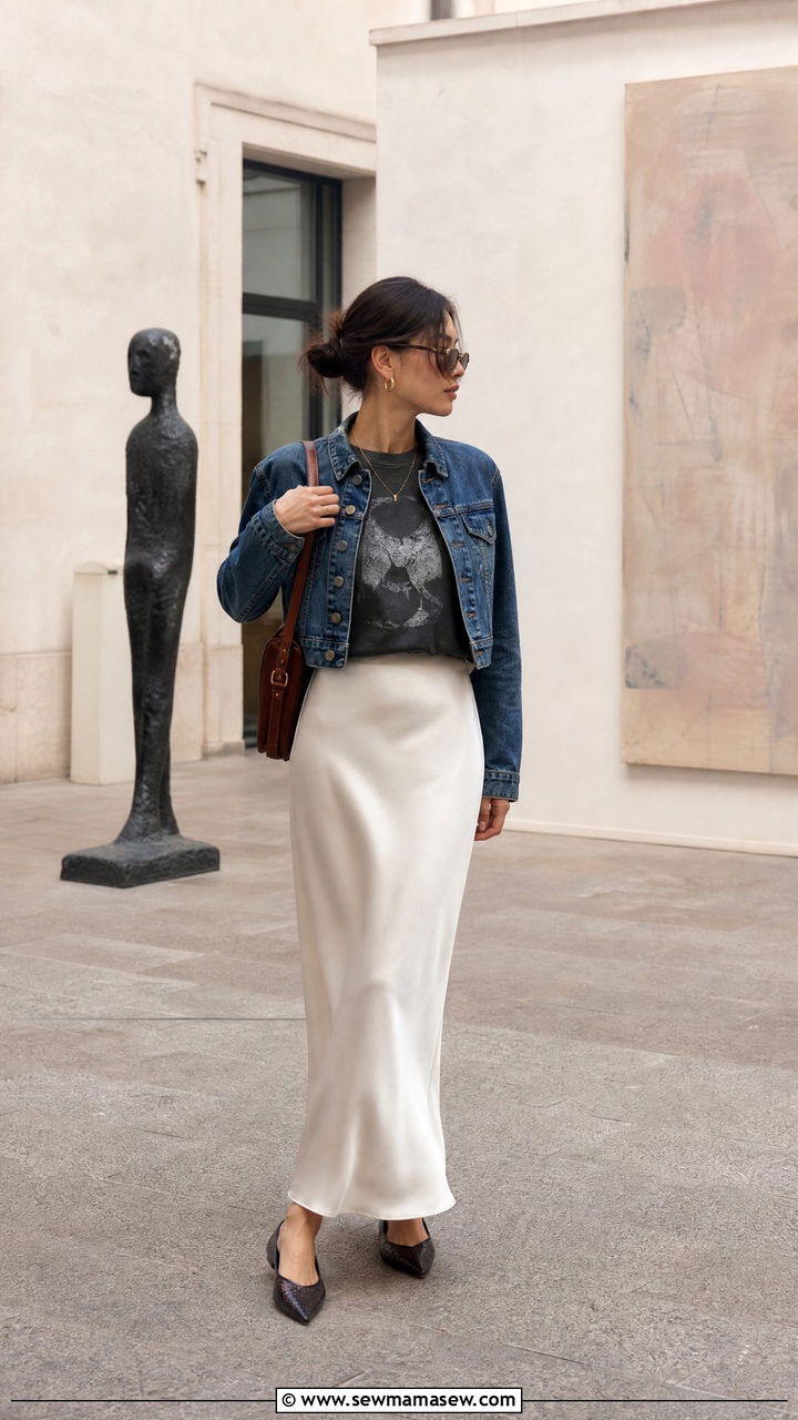 Slip skirt with a graphic tee and cropped denim jacket - 25 Petite outfit ideas for Europe