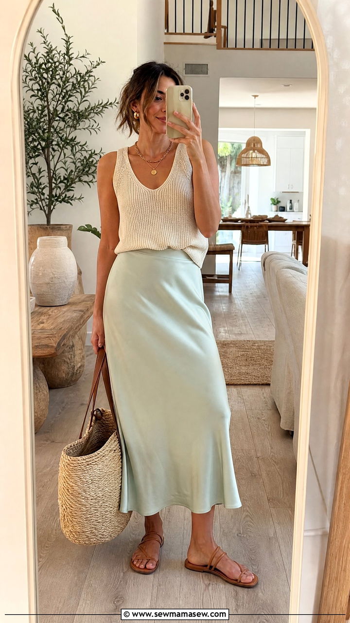 Slip skirt with chunky knit tank midsize summer outfit - 30 summer midsize outfit ideas