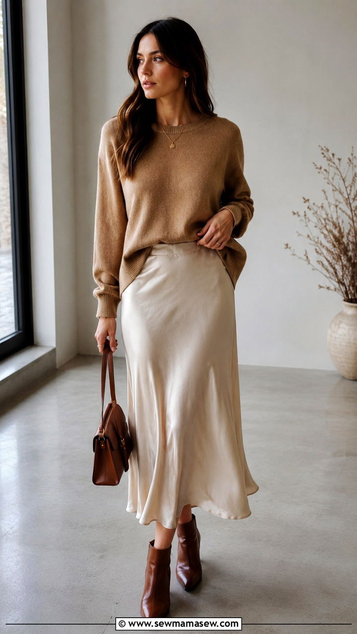 Slip skirt with lightweight sweater outfit - 30 transitional work outfit ideas