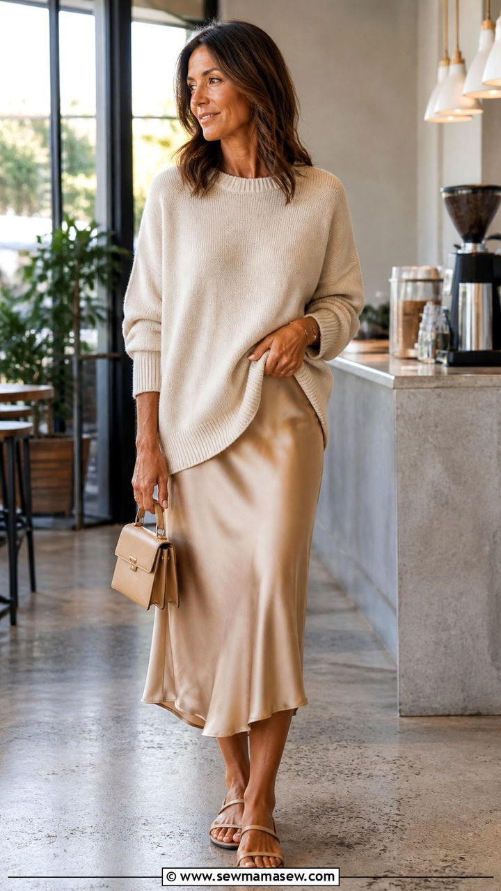 Slip skirt with oversized sweater - 40 spring outfit ideas for women over 40