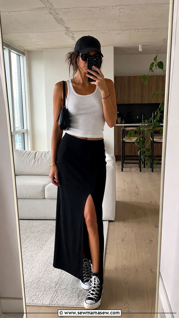 Slit Maxi Skirt With Ribbed Tank and High Top Sneakers - 30 Maxi skirt outfit ideas with sneakers