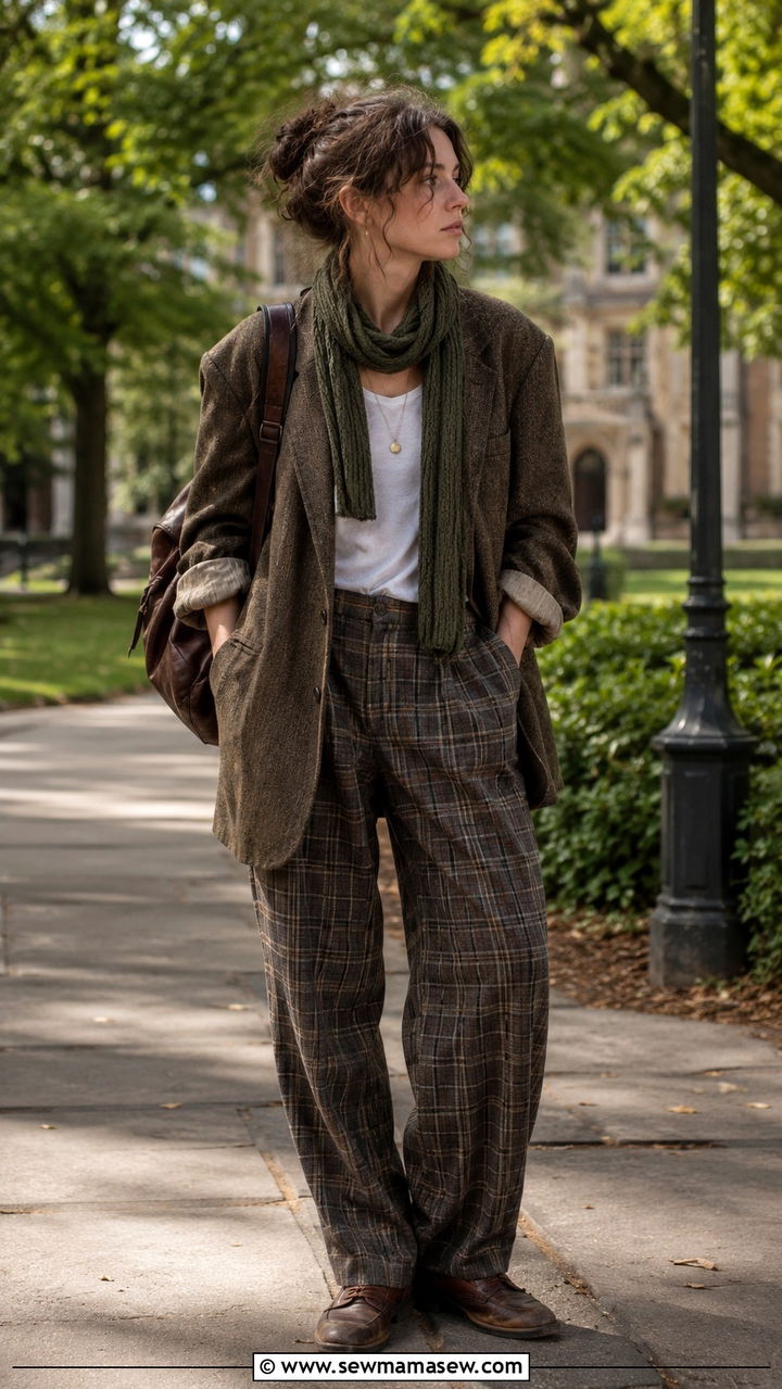 Sloppy blazer with rolled sleeves and plaid pants - 30 Chaotic academia outfit ideas