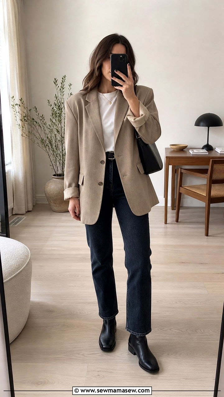 Slouchy Blazer with Tee Jeans and Chelsea Boots - 40 cute work outfits