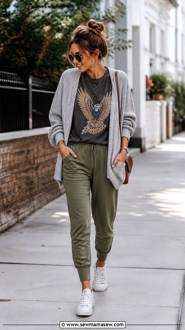 Slouchy Cardigan with Graphic Tee and Joggers - 40 casual cardigan outfits