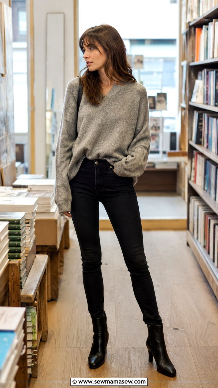 Slouchy Cashmere Sweater With Black Skinny Jeans And Heeled Boots - 20 French girl outfit ideas Caroline de Maigret