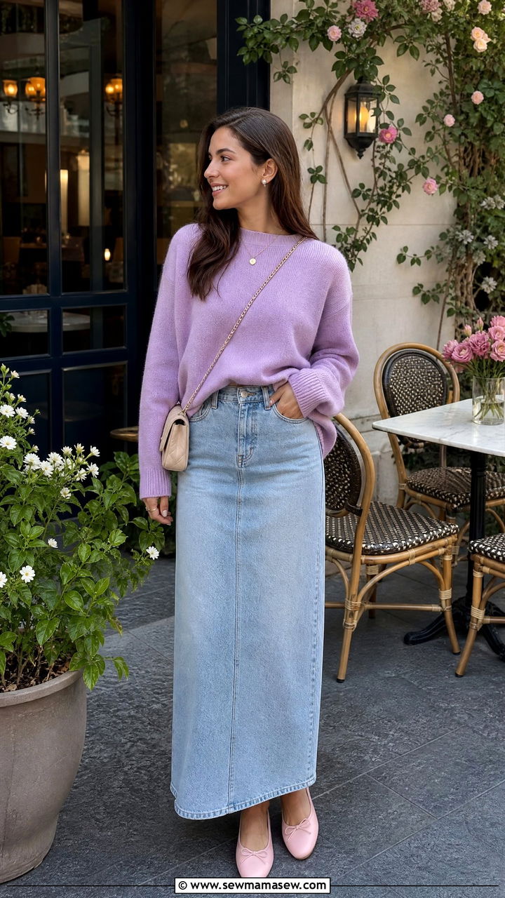 Slouchy Cashmere Sweater and Ballet Flats With a Denim Maxi Skirt - 30 denim maxi skirt outfit ideas