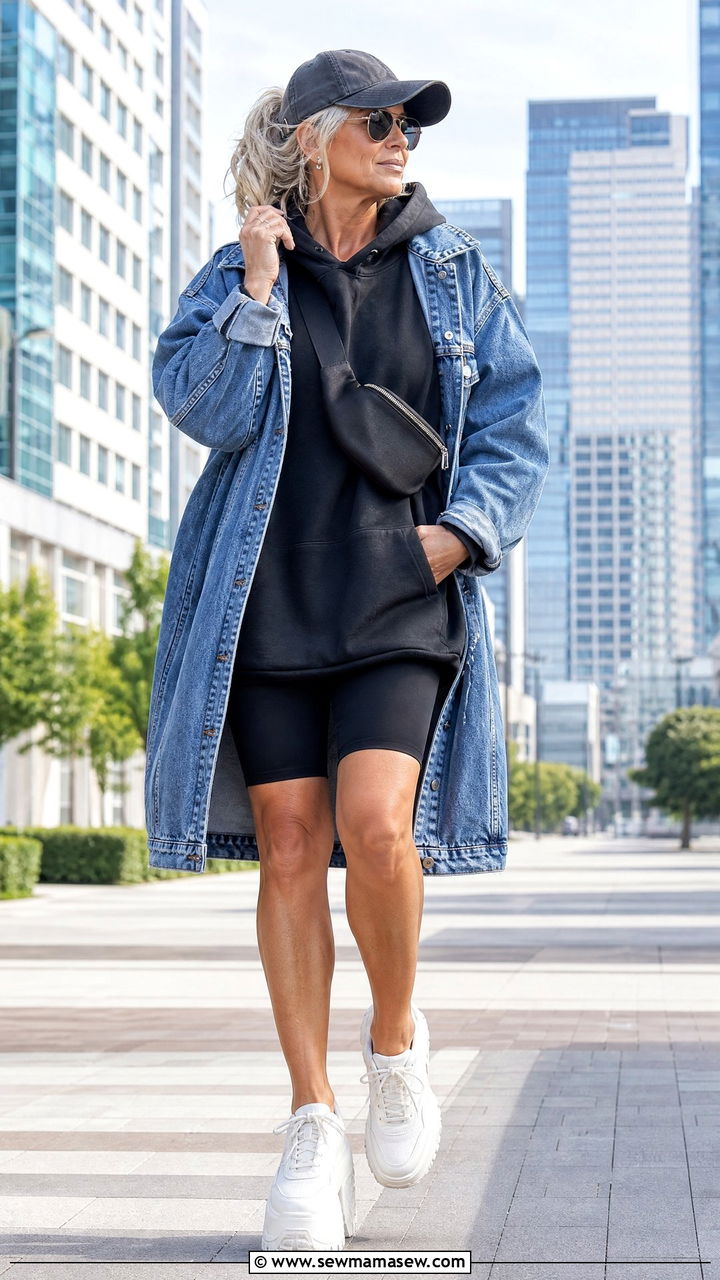 Slouchy Hoodie with Biker Shorts and Chunky Sneakers - 25 grunge outfit ideas for women over 40