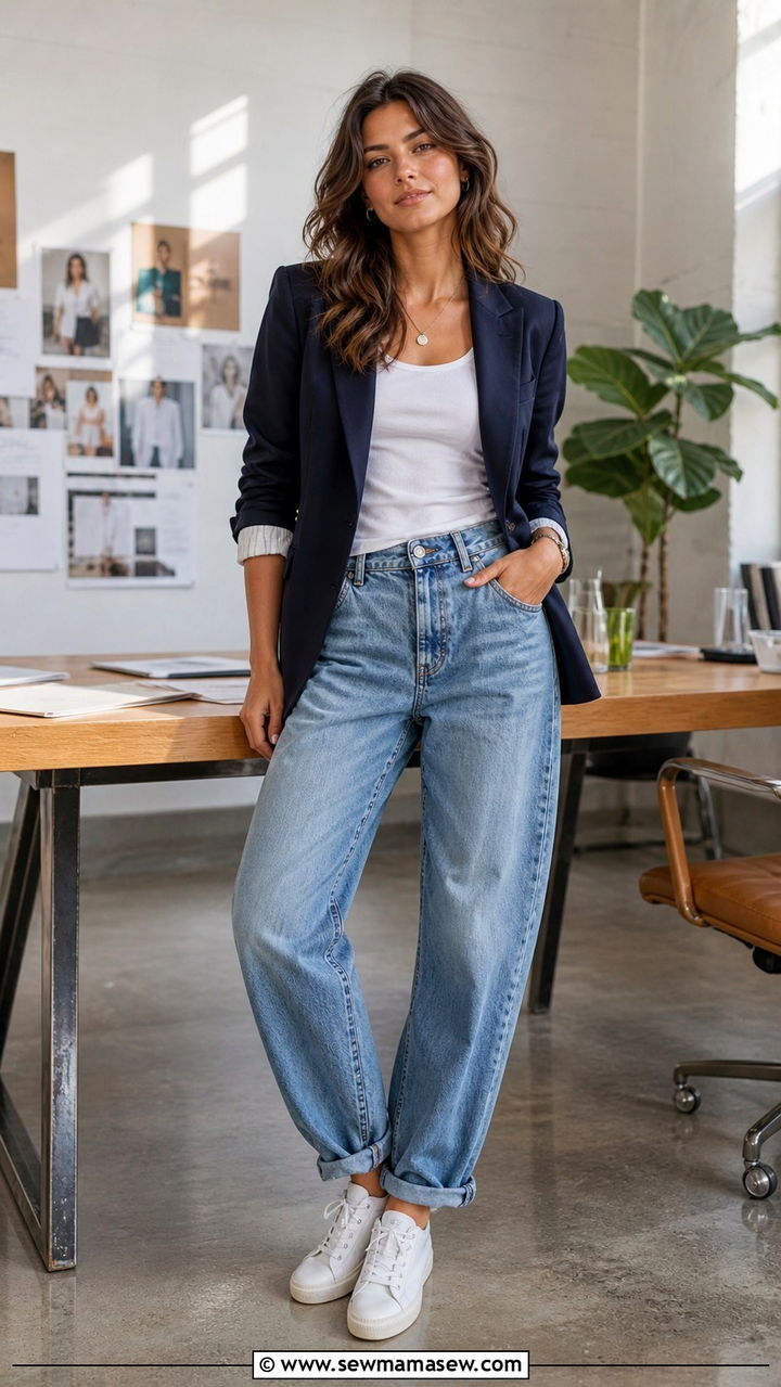 Slouchy Jeans With A Blazer And Slim Sneakers - 40 cute sneaker outfits