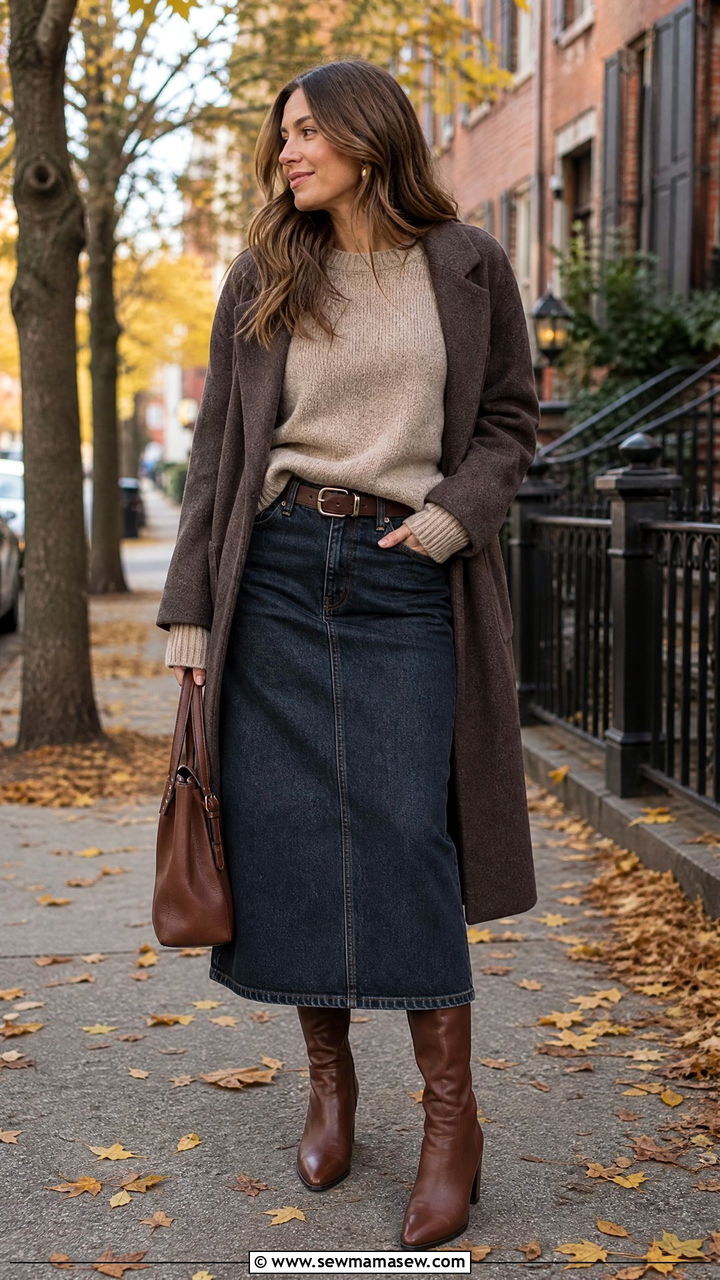 Slouchy Knit And Boots With A Denim Skirt - 35 How to style a denim skirt
