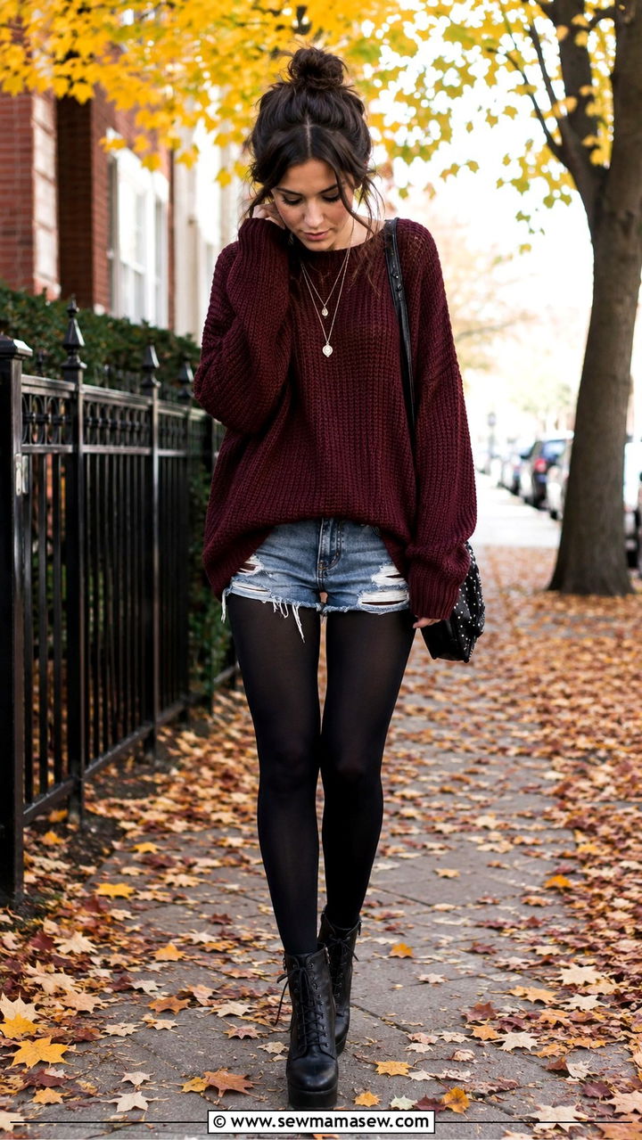 Slouchy Knit Sweater with Distressed Denim Shorts and Tights - 30 casual grunge outfits