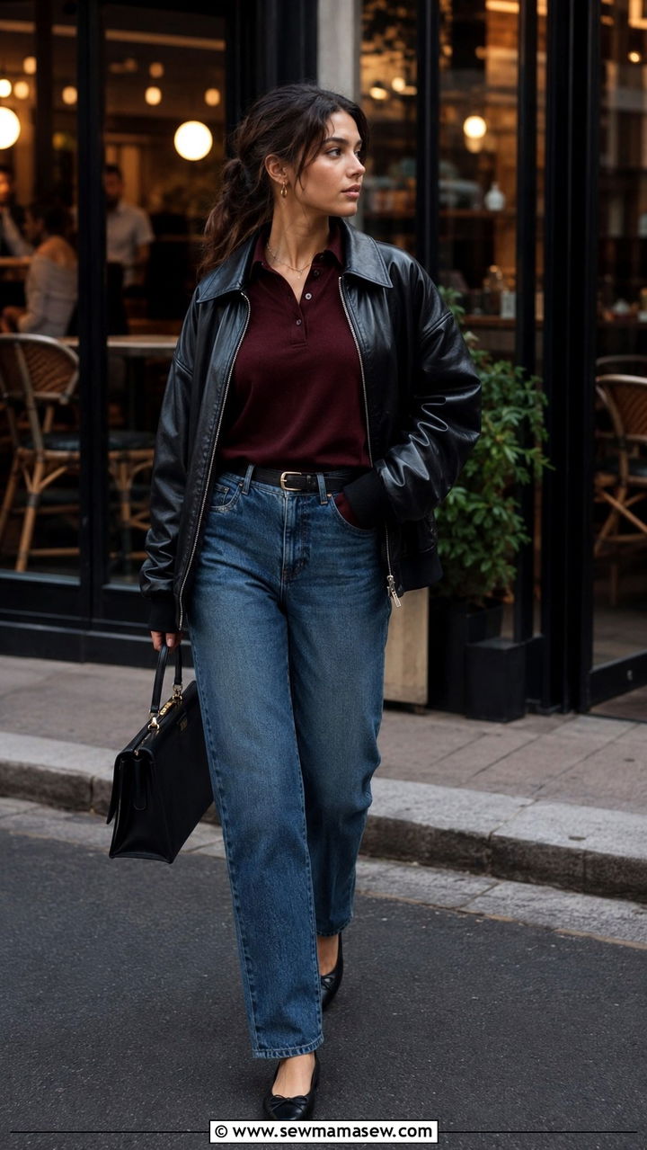 Slouchy Leather Bomber Jacket with Cashmere Polo and Straight Leg Jeans - 20 summer to fall outfits trends