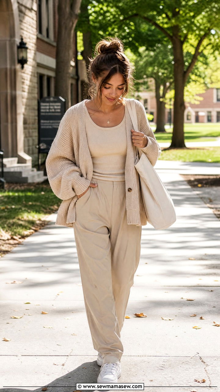Slouchy Oversized Cardigan Over a Ribbed Tank with Relaxed Trousers - 30 First day of college outfit ideas 2026