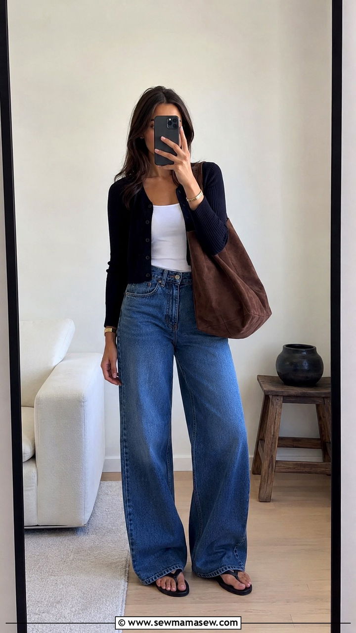 Slouchy Suede Tote With Wide Leg Jeans - 20 Tote bag outfit ideas 2026