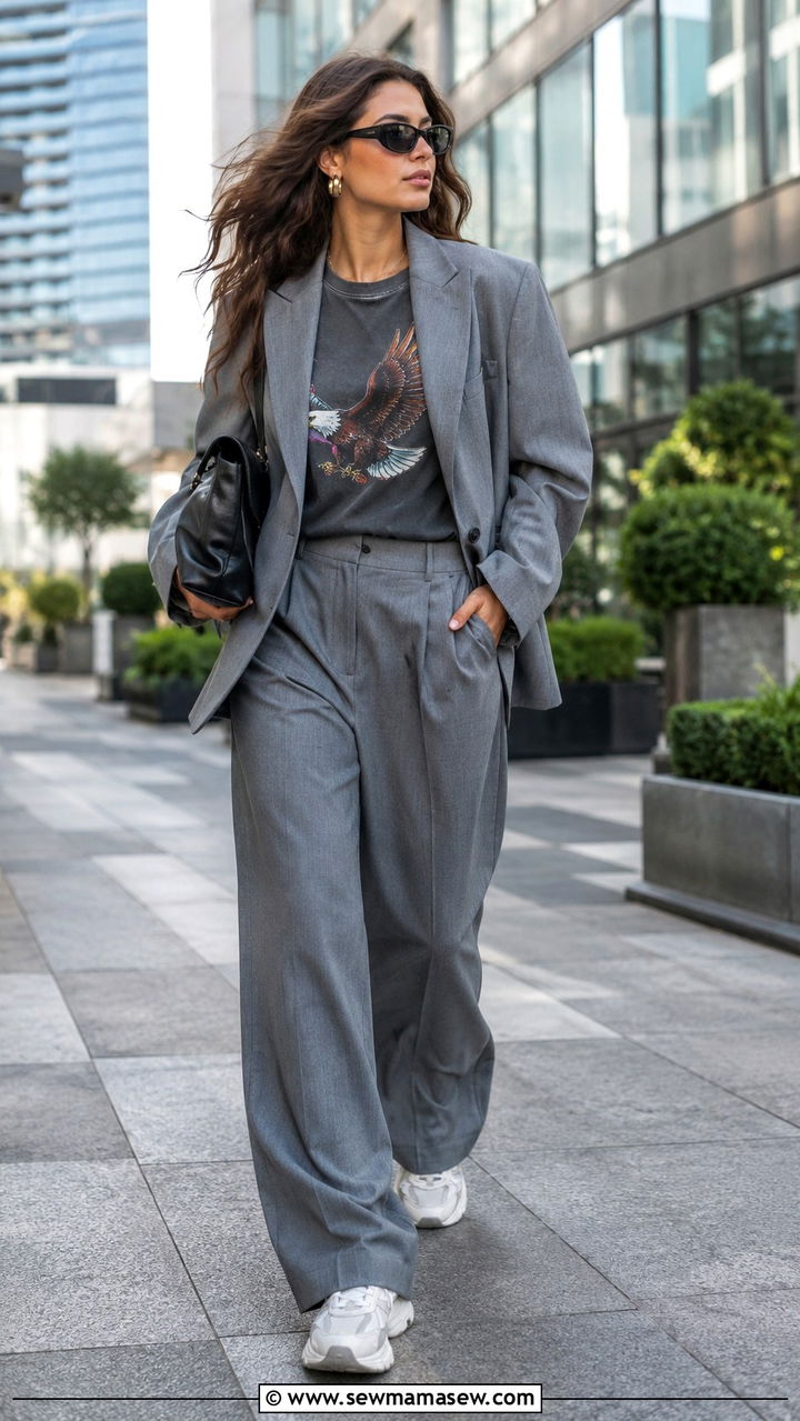 Slouchy Suit Set With Graphic Tee and Chunky Sneakers - 30 casual model off duty outfits