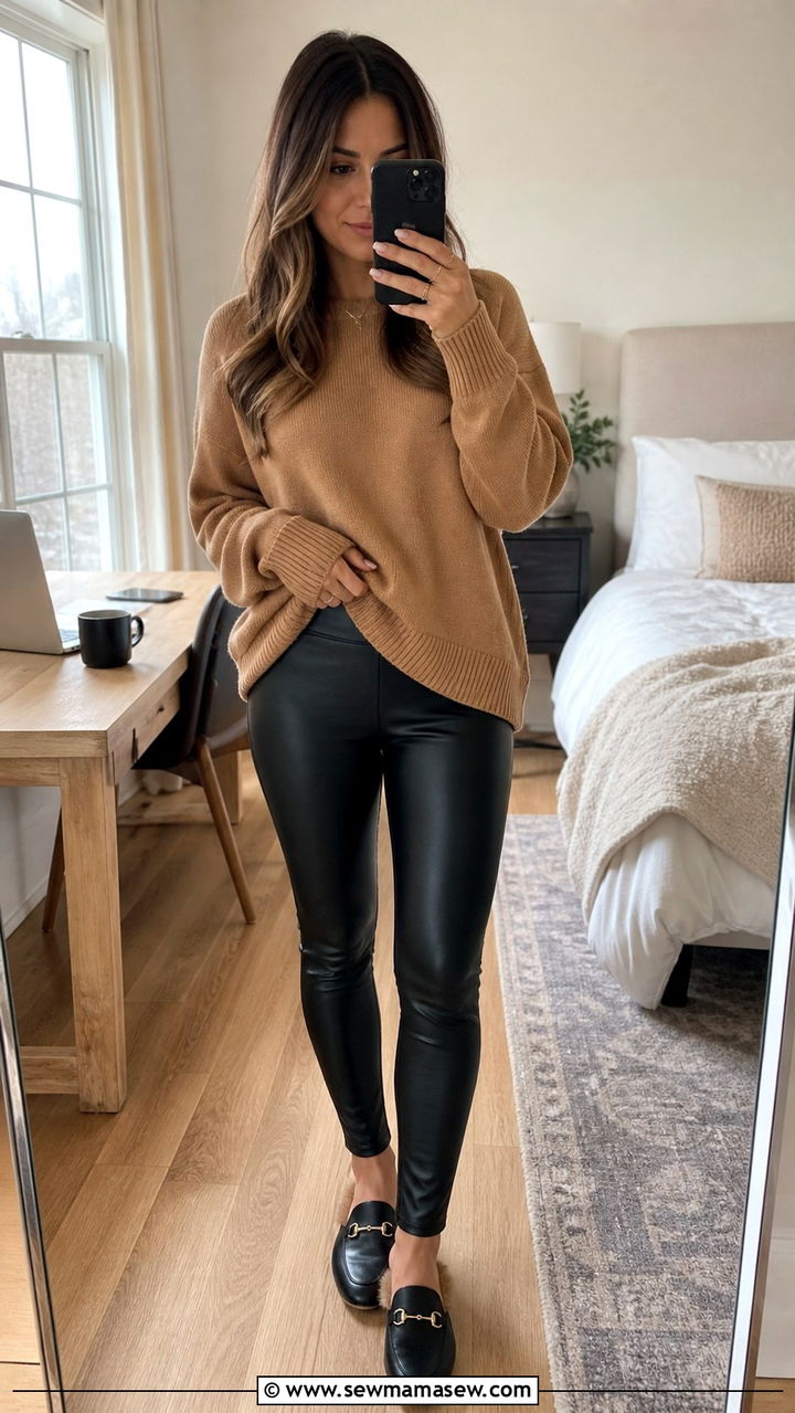 Slouchy Sweater And Faux Leather Leggings Outfit - 40 Work from home outfit ideas