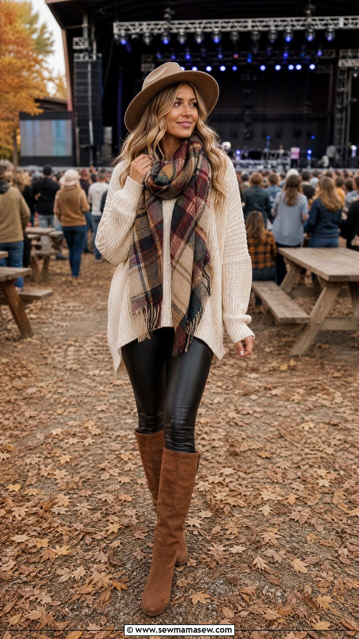 Slouchy Sweater with Faux Leather Leggings and Knee High Boots - 30 Luke Bryan concert outfit ideas