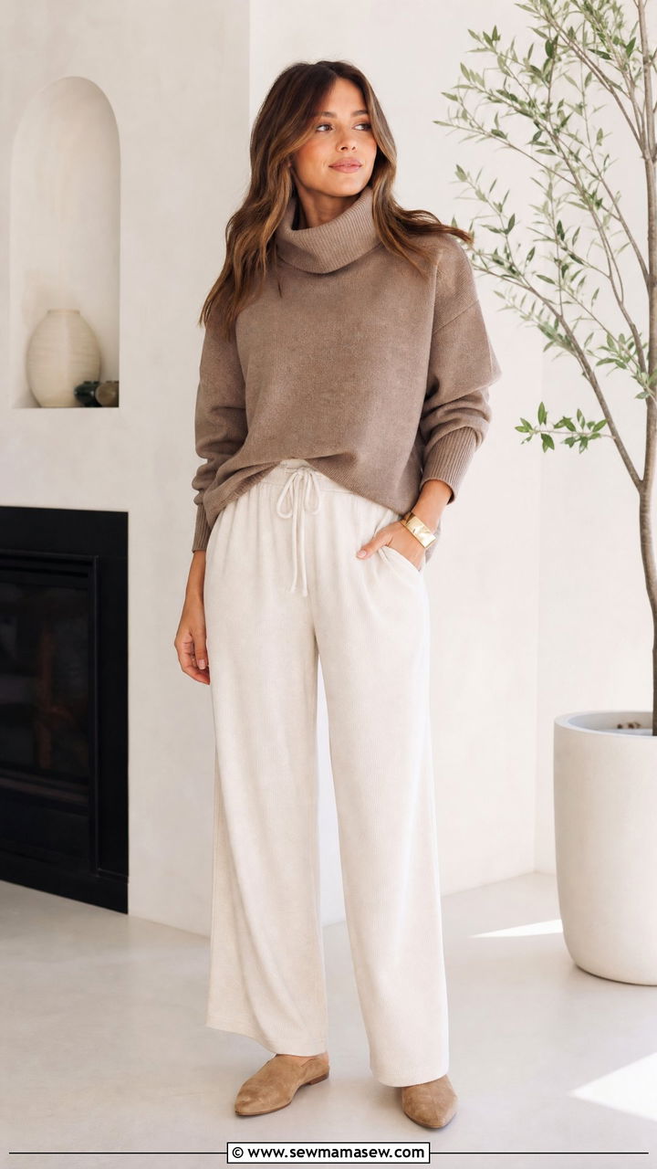 Slouchy Turtleneck and Wide Leg Lounge Pants - 30 Loungewear outfit ideas spring