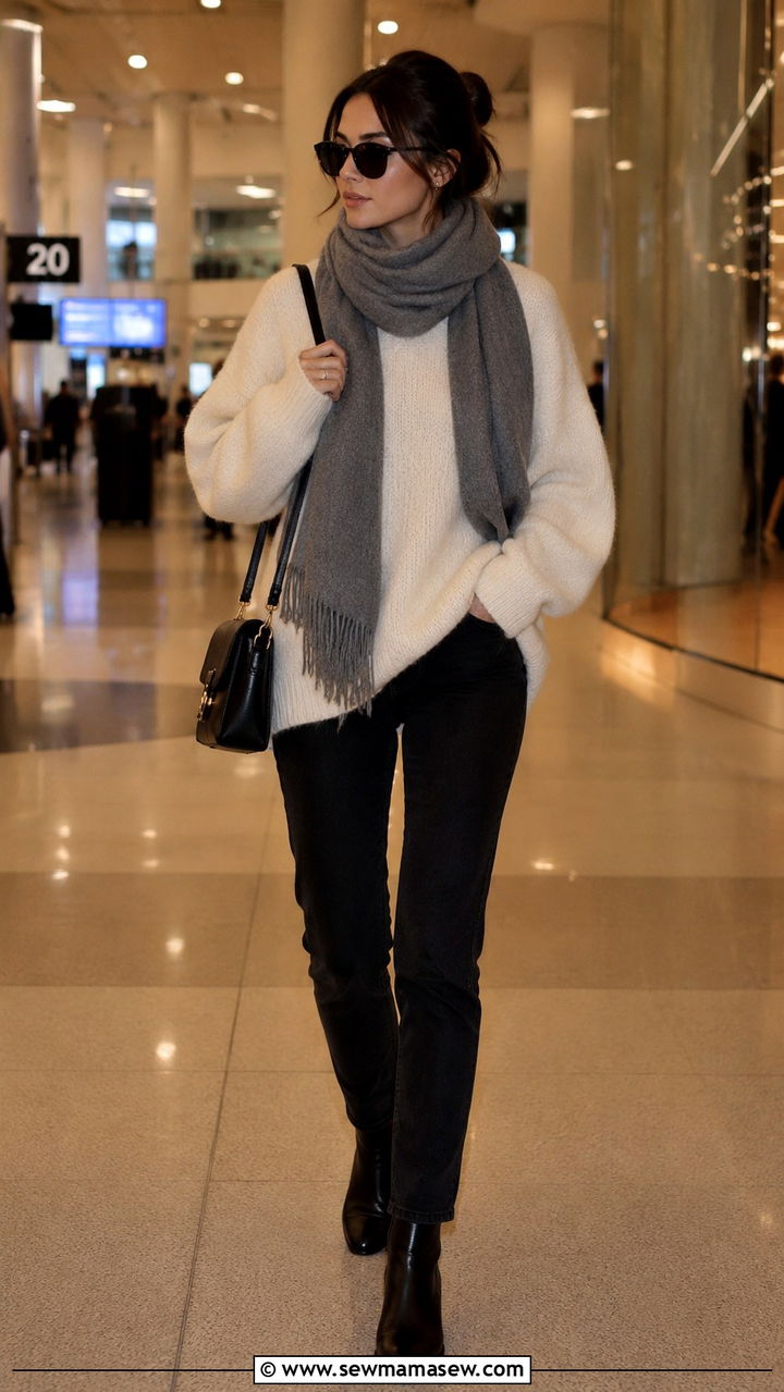 Slouchy alpaca knit with black coated jeans and ankle boots - 30 Quiet luxury outfit ideas for airport