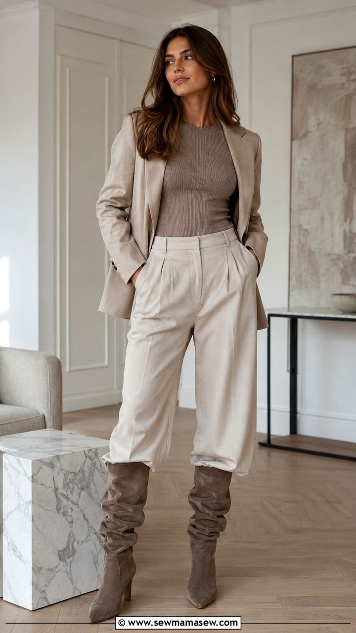 Slouchy boots with tailored trousers and blazer - 30 transitional boots outfit ideas