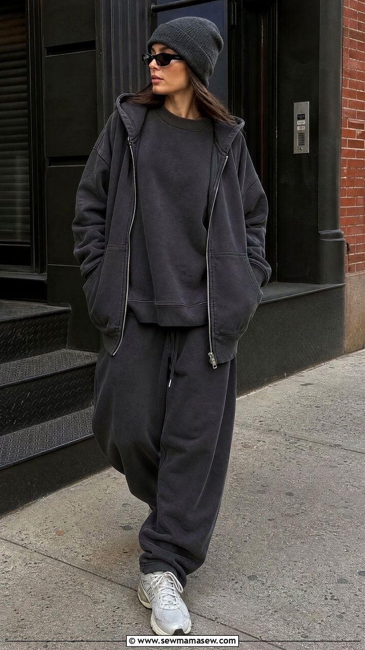 Slouchy oversized lounge set with chunky sneakers - 25 Loungewear 3 piece set outfit ideas